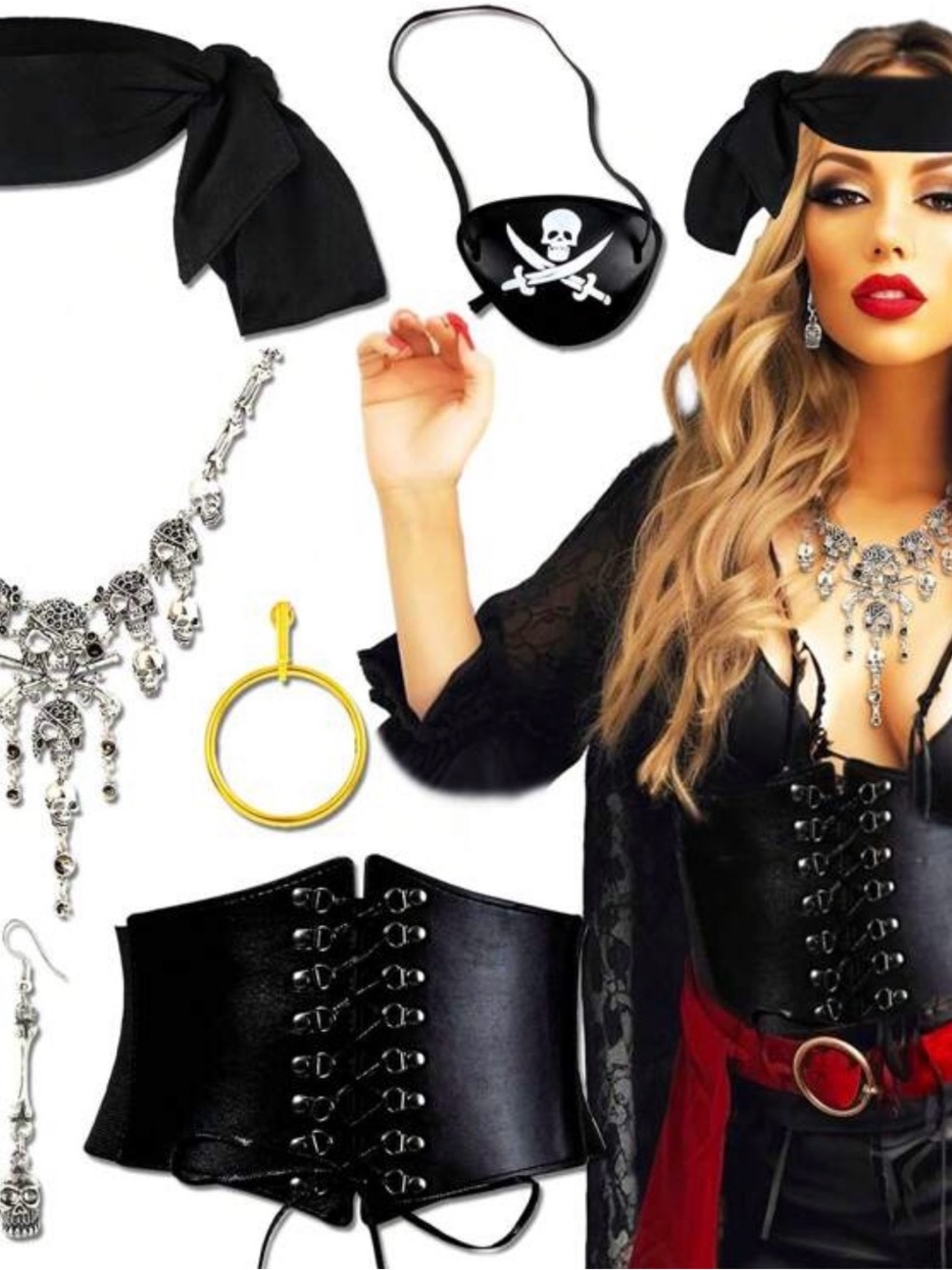 Black Pirate Costume Accessory Set - Eye Patch, Bandana, Corset & Jewelry